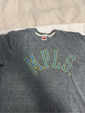 HOMAGE Gray Tee with Blue and Yellow MPLS. Chest Print